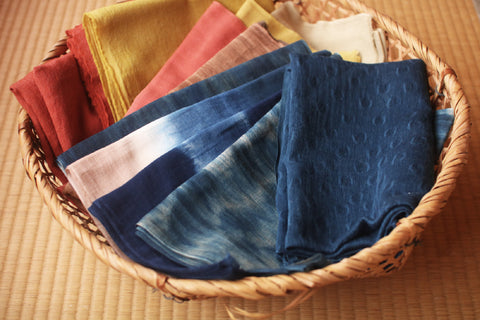 Natural Indigo Dyed Cotton Gauze Scarf {Aizome + Kakishibu Vertical Fade}
