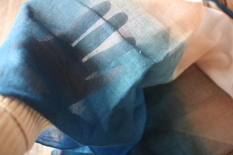 Natural Indigo Dyed Cotton Gauze Scarf {Aizome + Kakishibu Vertical Fade}