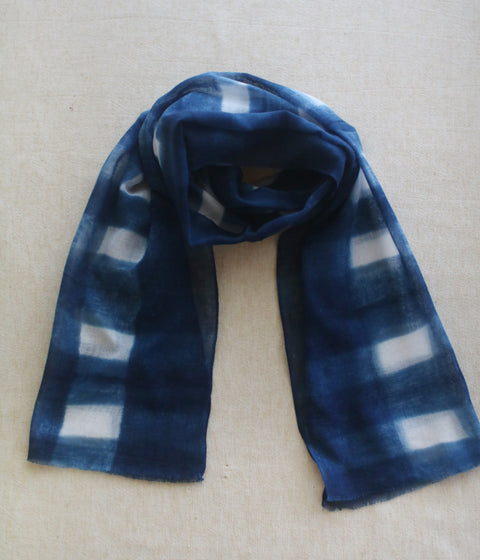 Aizome Natural Indigo Dyed Cotton Gauze Scarf {Grid Check}