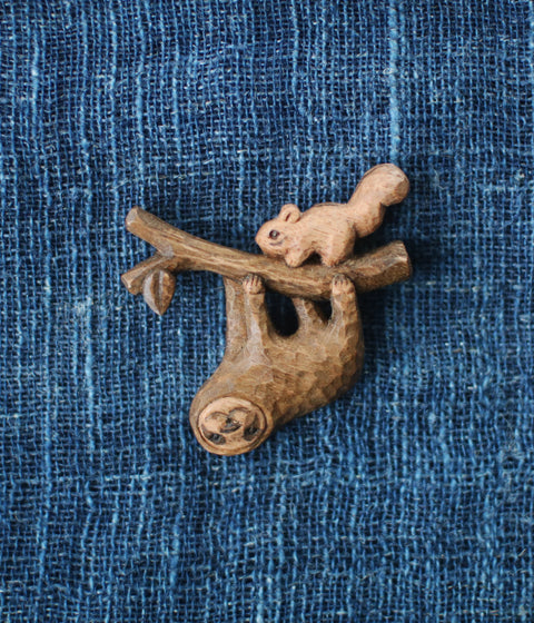 KIYATA Hand-Carved Sloth & Squirrel Brooch