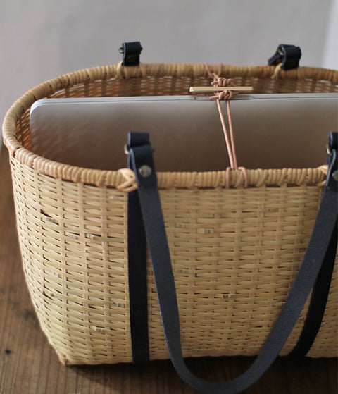 Bamboo Basket Round Tote - Black Handle