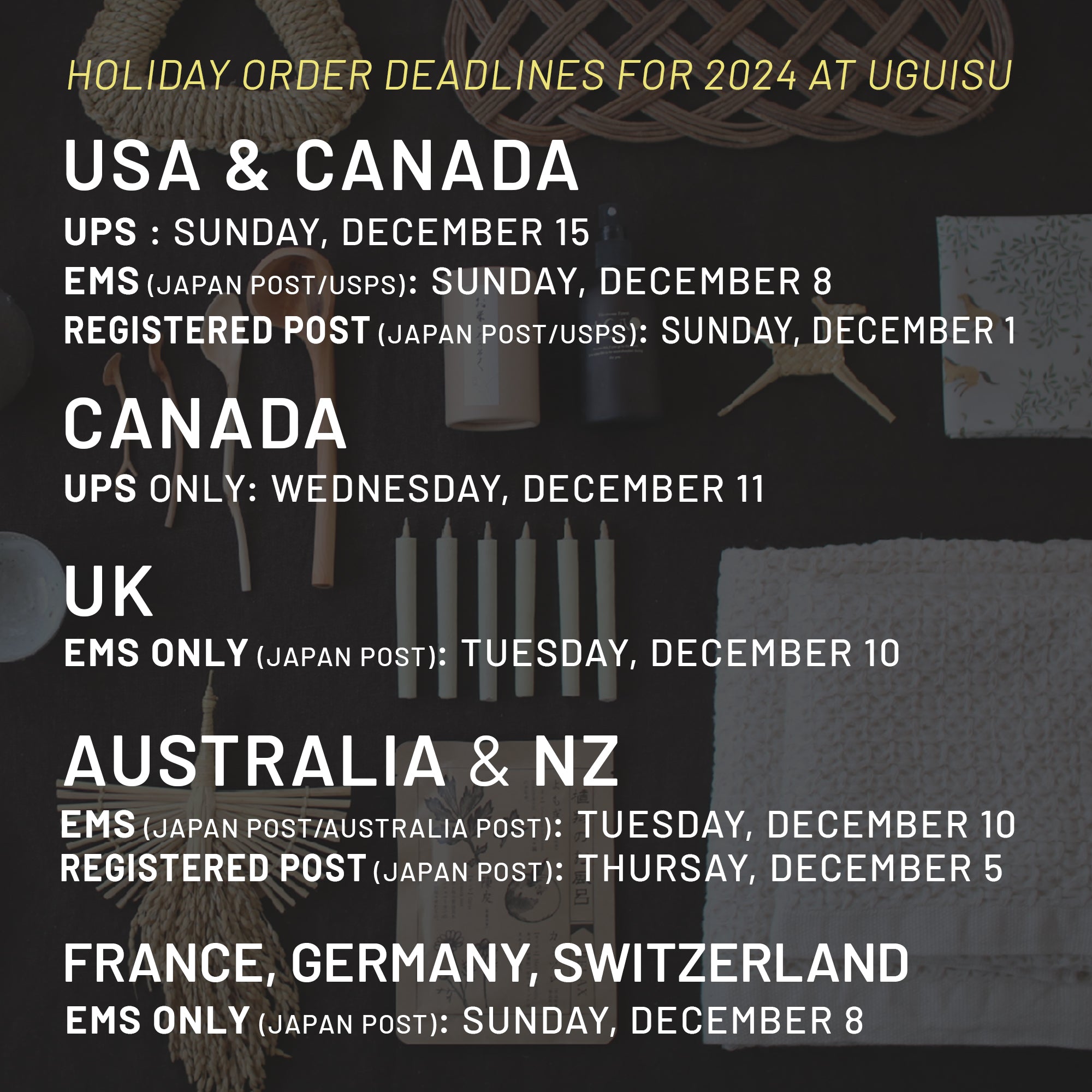 Holiday Order Deadlines for 2024 at UGUISU