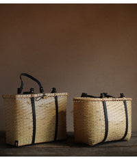 Bamboo Basket Square Tote - Black Handles