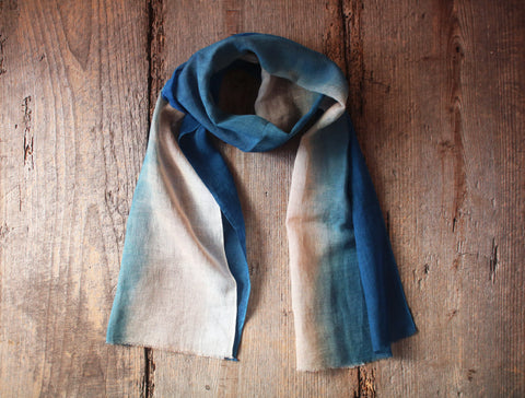 Natural Indigo Dyed Cotton Gauze Scarf {Aizome + Kakishibu Vertical Fade}