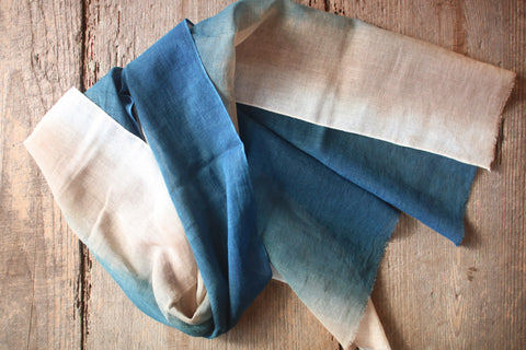 Natural Indigo Dyed Cotton Gauze Scarf {Aizome + Kakishibu Vertical Fade}