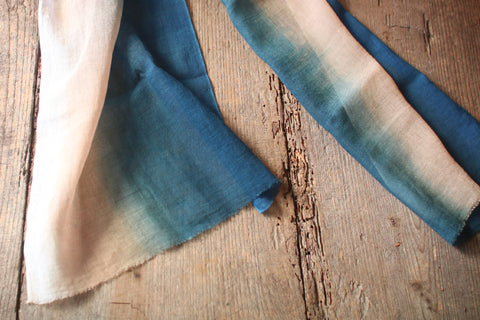 Natural Indigo Dyed Cotton Gauze Scarf {Aizome + Kakishibu Vertical Fade}