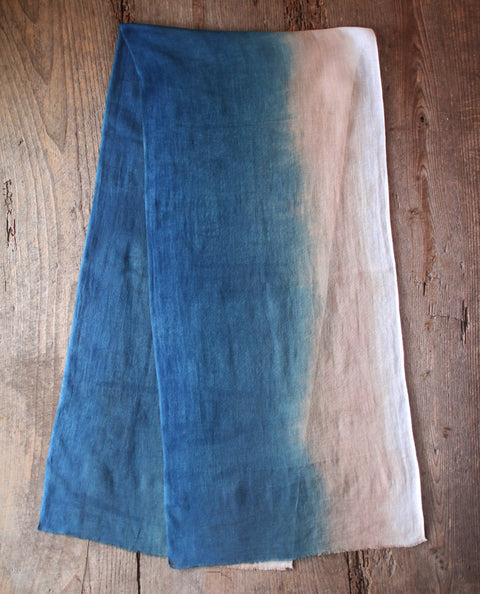 Natural Indigo Dyed Cotton Gauze Scarf {Aizome + Kakishibu Vertical Fade}