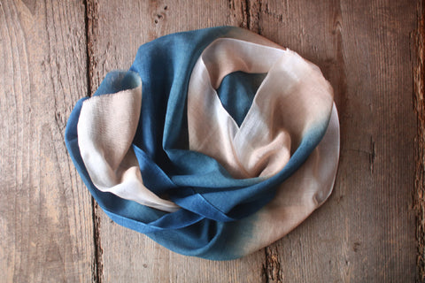 Natural Indigo Dyed Cotton Gauze Scarf {Aizome + Kakishibu Vertical Fade}