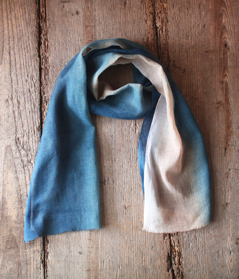 Natural Indigo Dyed Cotton Gauze Scarf {Aizome + Kakishibu Vertical Fade}