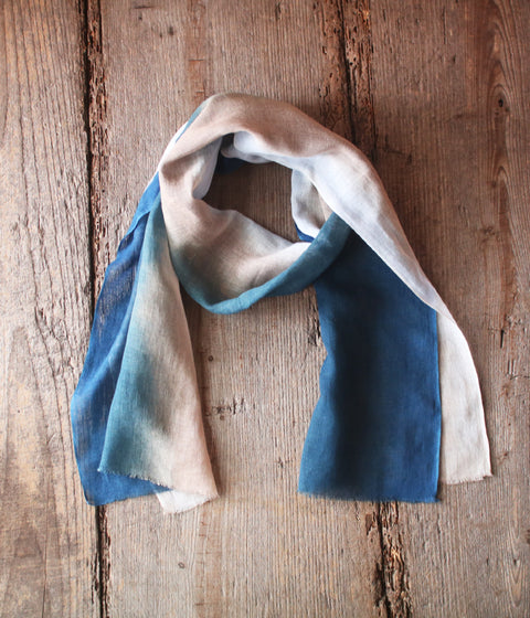 Natural Indigo Dyed Cotton Gauze Scarf {Aizome + Kakishibu Vertical Fade}