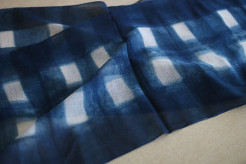 Aizome Natural Indigo Dyed Cotton Gauze Scarf {Grid Check}