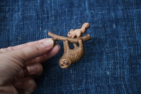 KIYATA Hand-Carved Sloth & Squirrel Brooch