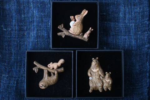 KIYATA Hand-Carved Sloth & Squirrel Brooch