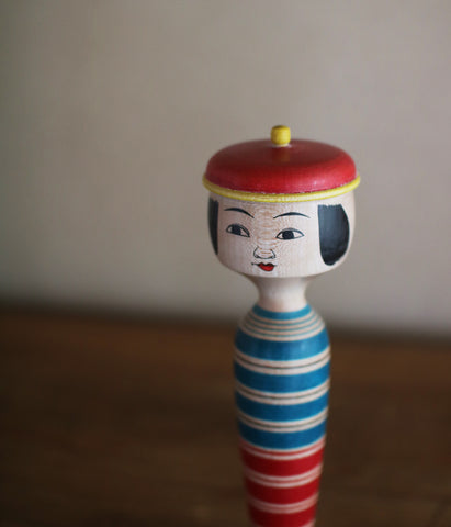 Stripe Kokeshi Doll with Beret Hat