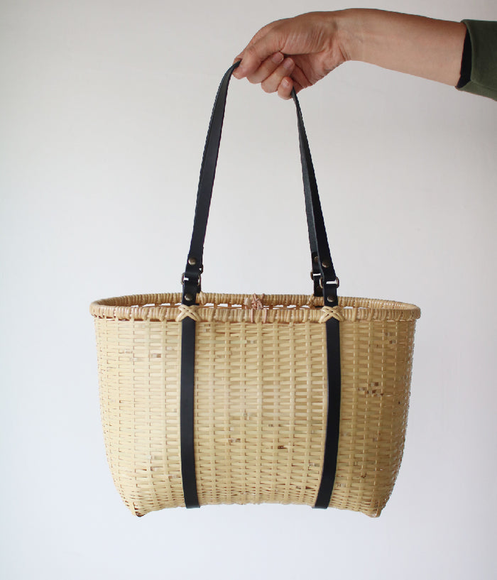 Japanese Bamboo Basket Tote with Leather Handles / Handcrafted in Oita ...